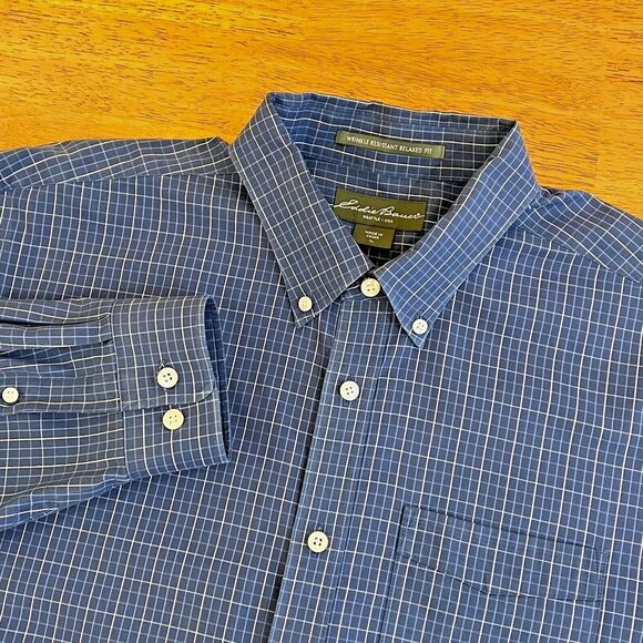 Eddie Bauer Mens Long Sleeve Shirt TL Blue Check Wrinkle Resistant Relaxed Fit - Picture 1 of 6